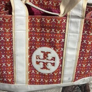 Tory Burch Orange and White Tote with Geometric Pattern